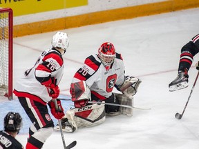 The Ottawa 67's Cedrick Andree makes a save against the Niagara Ice Dogs on Friday, Dec. 28, 2018 at the TD Place arena.