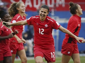 Canada forward Christine Sinclair (12) celebrates at the conclusion of a match against Panama at the CONCACAF women's World Cup soccer qualifying tournament in Frisco, Texas, Oct. 14, 2018.
