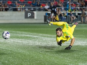 Ottawa Fury FC goalkeeper Maxime Crépeau watches as this Penn FC shot passes beyond his reach during a United Soccer League match at TD Place sßtadium in Ottawa, ON. Canada on August 25, 2018.  PHOTO: Steve Kingsman/Freestyle Photography for Ottawa Fury FC