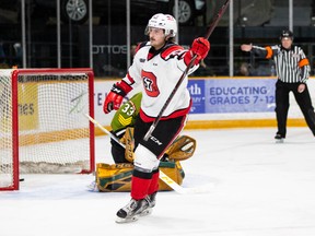 Ottawa 67's forward Tye Felhaber celebrates his second goal against the North Bay Battalion on Sunday. He would add one more in a 6-3 victory. (Valerie Wutti/Photo)