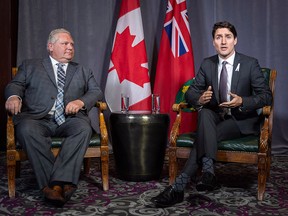 Prime Minister Justin Trudeau meets with Ontario Premier Doug Ford in Montreal on Thursday, Dec. 6, 2018.