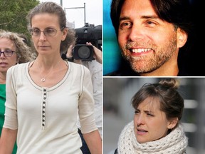 Seagrams heiress Clare Bronfman (L) is bankrolling the defence for her co-defendants in the sex-trafficking prosecution, including NXIVM founder Keithe Raniere (top R) and Allison Mack (bottom R). (AP Photo/Mary Altaffer/Keithraniere.com/AP Photo/Seth Wenig)