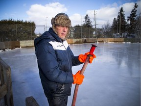 Al Tweddle has been taking care of rinks for the city of Ottawa for 50 years. Sunday Jan. 6, 2019 he was flooding the rink in Queenswood Heights. Ashley Fraser/Postmedia
