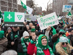 Canadian Francophones rally in front of the Human Rights monument during the Franco-Ontario Day of Action in Ottawa, Ontario on December 1, 2018.
