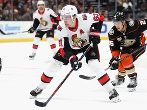 Senators winger Mark Stone in action against the Anaheim Ducks in a game last week.