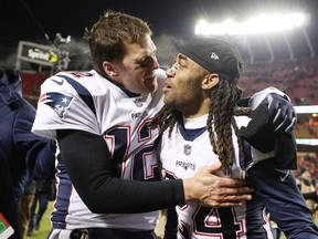 Patriot’ Tom Brady celebrates with Stephon Gilmore after defeating the Chiefs. Brady sought out the Chiefs’ Patrick Mahomes after the game in overtime for a private chat.  Getty Images