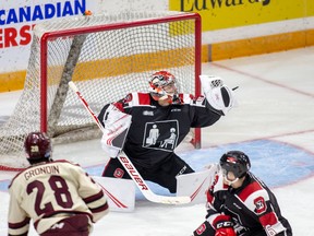 Ottawa 67's goalie Mikey DiPietro makes a save against the Peterborough Petes on Friday night. (VALERIE WUTTI PHOTO)