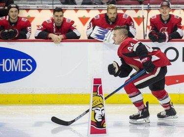 Ottawa Senator J.G. Pageau competes in the puck control relay.