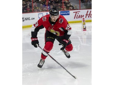 Ottawa Senator Maxime Lajoie competes in the fastest skater competition.