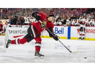 Ottawa Senator Ryan Dzingel competes in the hardest shot competition.