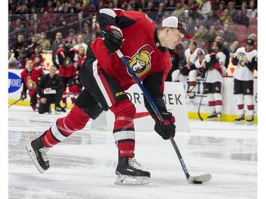 Ottawa Senator Brady Tkachuk competes in the hardest shot competition.