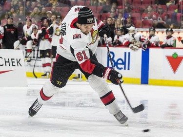 Ottawa Senator Mark Stone competes in the hardest shot competition.