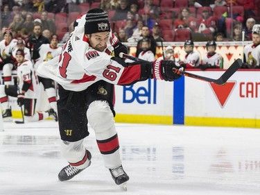 Ottawa Senator Mark Stone competes in the hardest shot competition.