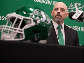 Newly announced head coach of the Saskatchewan Roughriders Craig Dickenson speaks at a press conference regarding his new title at Mosaic Stadium.