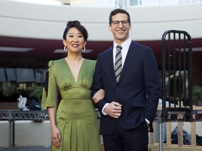 Sandra Oh, left, and Andy Samberg pose for a photo on the red carpet at the 76th Annual Golden Globe Awards Preview Day at The Beverly Hilton on Thursday, Jan. 3, 2019, in Beverly Hills, Calif.