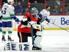 New Ottawa Senators goaltender Anders Nilsson (31) takes part in the pregame warmup before a game against his former teammates, the Vancouver Canucks, on Wednesday, Jan. 2, 2019.