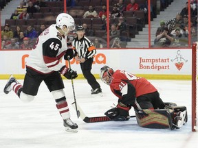 Ottawa Senators goalie Craig Anderson (41) makes a save on Arizona Coyotes' Josh Archibald during first period NHL action in Ottawa, Tuesday night.