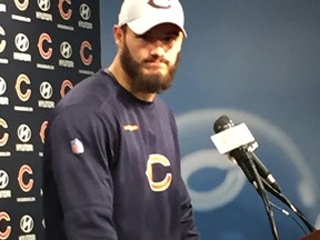 Bears quarterback Mitchell Trubisky speaks with reporters in Chicago yesterday. The Bears play host to the Eagles on Sunday.  Don Brennan/photo