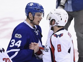 Maple Leafs centre Auston Matthews (left) and Capitals star Alex Ovechkin shake hands after Washington defeated Toronto in Game 6 of the playoffs in April 2017. (Frank Gunn/The Canadian)