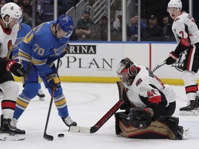 Ottawa Senators goaltender Craig Anderson (41) makes a save on a point-blank shot from the St. Louis Blues' Oskar Sundqvist (70) in the second period on Saturday, Jan. 19, 2019 in St. Louis.