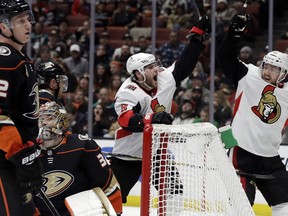 The Ottawa Senators' Bobby Ryan celebrates his goal with teammate Chris Tierney, right, during the third period against the Anaheim Ducks on Wednesday, Jan. 9, 2019. Ryan heard the boos again in his return to Anaheim, but he says if they're booing it usually means he's doing something right.