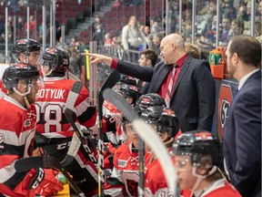 Ottawa 67's coach André Tourigny gives instructions to his players during a 2-0 win over the Barrie Colts on Saturday, Jan. 5, 2019 at TD Place arena.
