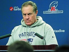 New England Patriots head coach Bill Belichick faces reporters before an NFL football practice, Wednesday, Jan. 16, 2019, in Foxborough, Mass. The Patriots are scheduled to play the Kansas Chiefs in the AFC championship game, Sunday, Jan. 20, in Kansas City. (AP Photo/Steven Senne)