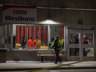 A scene at Scott St entrance to Westboro station as first responders attend to victims of a horrific rush hour bus crash at the Westboro Station near Tunney's Pasture.