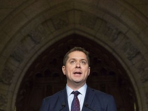 Leader of the Opposition Andrew Scheer holds an end of session news conference in the Foyer of the House of Commons in Ottawa, Thursday Dec. 13, 2018.