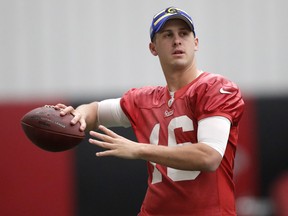 Los Angeles Rams quarterback Jared Goff (16) throws during a practice ahead of the NFL Super Bowl 53 football game against the New England Patriots Wednesday, Jan. 30, 2019, in Flowery Branch, Ga. (AP Photo/John Bazemore)