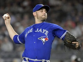 Blue Jays pitcher Marco Estrada delivers to the Yankees during MLB action in New York on Sept. 14, 2018.