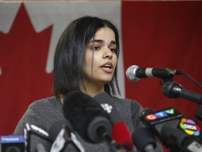 Rahaf Mohammed, 18, the Saudi teen who was granted asylum in Canada, spoke to the media at the COSTI Corvetti Education Centre in Toronto on Tuesday, January 15, 2019. (Jack Boland/Toronto Sun)