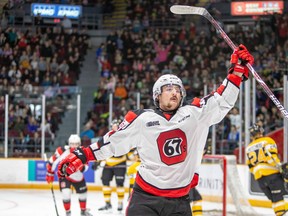 67’s forwad Tye Felhaber leads the OHL with 46 goals in 43 games. (Valerie Wutti Photo)