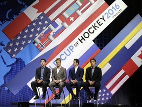 Ryan McDonagh, David Pastnak, Sydney Crosby and Anze Kopitar meet the media about the World Cup of Hockey in Toronto on Wednesday, September 9, 2015. (Craig Robertson/Toronto Sun)