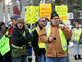 Protesters at the National Citizens Alliance Public Rally on Canadian Nationalism vs Globalism in Edmonton on Jan. 5, 2019.