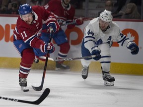 Canadiens' Brendan Gallagher gets a shot off as he os pressured by Toronto Maple Leafs defenceman Morgan Rielly in Montreal on Saturday, Feb. 9, 2019. The players who are likely to lead this team into the playoffs are evidence of a great deal of hard work, careful sifting and a GM who has learned on the job, Jack Todd writes.