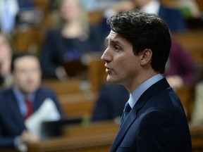 Prime Minister Justin Trudeau rises during Question Period in the House of Commons in Ottawa on Tuesday, Feb.19, 2019.