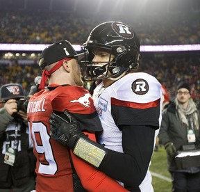 Ottawa Redblacks quarterback Trevor Harris and Calgary Stampeders' Bo Levi Mitchell are both pending free agents. (GREG SOUTHAM/Postmedia Network)