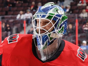 Anders Nilsson #31 of the Ottawa Senators smiles during warmups prior to a game against his former team the Vancouver Canucks.