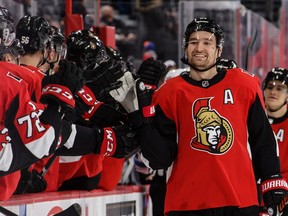 Mark Stone celebrates his first of two goals for the Senators in Saturday's game against the Jets.