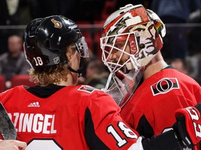 The rainbow flag can be seen at the back of Anders Nilsson's mask as he is congratulated by Ryan Dzingel following a 5-2 win over Winnipeg at the CTC on Saturday, Feb. 9, 2019.