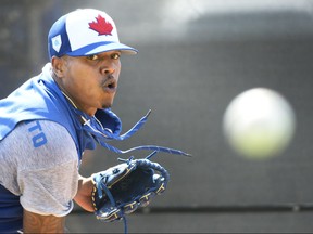 Toronto Blue Jays pitcher Marcus Stroman throws a bullpen session during baseball spring training in Dunedin, Fla., on Saturday, February 16, 2019.