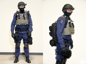 Tactical paramedics carry about 45 pounds of response gear and wear personal protective equipment. This is tactical paramedic Barry Mooij.