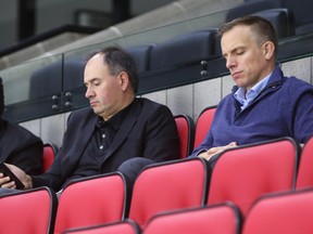 Senators general manager Pierre Dorion (centre) said during a radio interview that yesterday was “one of the proudest days 
I’ve had as a GM in the NHL.” The comments came on the heels of trading Mark Stone for assets. (JEAN LEVAC/POSTMEDIA NETWORK FILES)