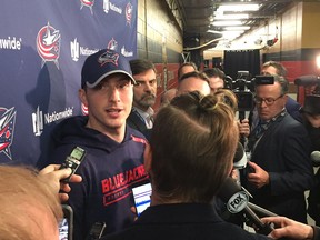 Matt Duchene meets with the media at Canadian Tire Centre three hours before making his Blue Jackets debut against the Senators.