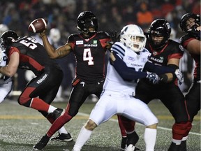 Dominique Davis throws a pass in the Redblacks' 2018 regular-season finale against the Argonauts at TD Place stadium on Nov. 2.