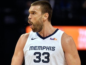 Memphis Grizzlies centre Marc Gasol reacts after scoring in the first half of an NBA game against the Denver Nuggets Monday, Jan. 28, 2019, in Memphis, Tenn.