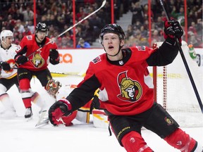 Ottawa Senators left wing Brady Tkachuk celebrates a goal against the Calgary Flames during second period NHL hockey action in Ottawa on Sunday.