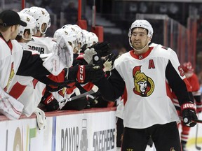 Senators winger Mark Stone (61) celebrates with teammates after scoring in the first period against Colorado Hurricanes. It was his 26th goal of the season, tying a career season best.