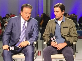 Sportscaster Steve “Mooch” Mariucci and and actor Luke Wilson on Radio Row at the Super Bowl on Friday. (Don Brennan/Postmedia Network)
